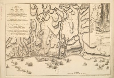 PLANO DO ATAQUE contra BASSETERRE na ILHA DE GUADALOUPE por uma esquadra de navios de guerra de Sua Majestade comandada pelo Comodoro MOORE em 22 de janeiro de 1759. também os INCENTIVOS do EXÉRCITO BRITÂNICO comandado pelo General HOPSON, e o INTRENCHME F de Thomas Jefferys