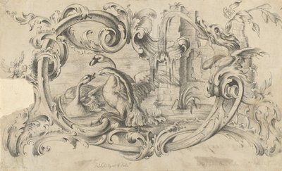 Projeto para um Tablet para uma Chaminé com Dois Cisnes em Combate, Fechado em um Pergaminho..., 1762. de Thomas Johnson