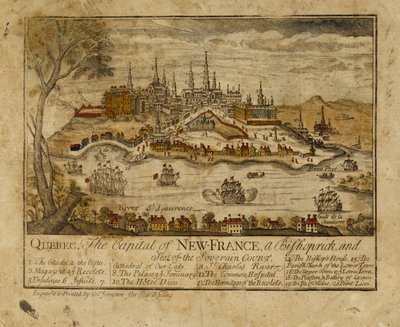 Quebec, capital da Nova França, bispado e sede da corte de Soverain, 1759 (gravura colorida à mão) de Thomas Johnston
