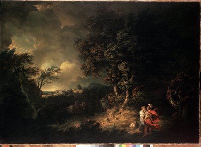 ""Stormscape with Eneias e Dido"" (Paisagem com Eneias e Dido) Ilustração da Eneida de Virgílio. Pintura de Thomas Jones (1742-1803) 1769 Dim. 137,5x193,5 cm Museu Hermitage, São Petersburgo de Thomas Jones