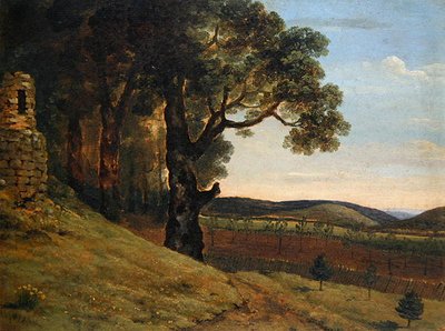Paisagem galesa com carvalhos por uma ruína (óleo sobre papel) de Thomas Jones