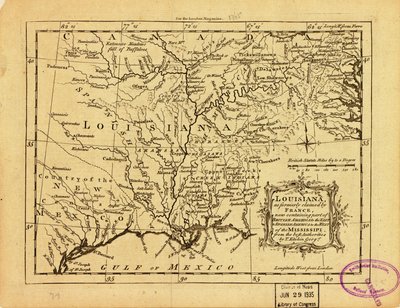 Louisiana, como anteriormente reivindicada pela França, contendo agora parte da América Britânica a leste e da América Espanhola a oeste do Mississipi. LOC 77690498 de Thomas Kitchin