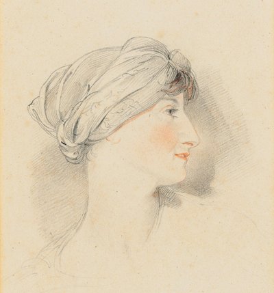Retrato da cabeça da Sra. Jens Wolff, de perfil à direita, usando turbante (lápis, giz preto e vermelho) de Thomas Lawrence