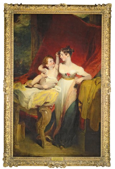 Retrato de Anne, Viscondessa Pollington, mais tarde Condessa de Mexborough (falecido em 1870), com seu filho, John Charles (1810-99), mais tarde 4o Conde de Mexborough, corpo inteiro, ela em um vestido branco com uma rosa em t de Thomas Lawrence