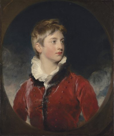 Retrato de Frederick William Stewart, 4º Marquês de Londonderry, KP, MP (1805-1872) quando menino, com metade do corpo, com casaco vermelho, oval fingido (óleo sobre tela) de Thomas Lawrence