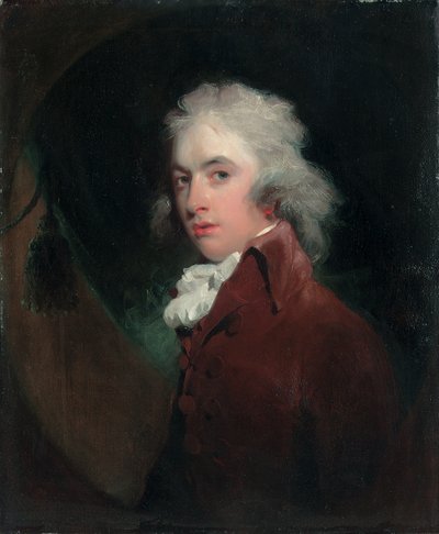 Retrato do Exmo. Peniston Lamb, meio comprimento, em um casaco de veludo com uma gravata branca, oval fingida de Thomas Lawrence