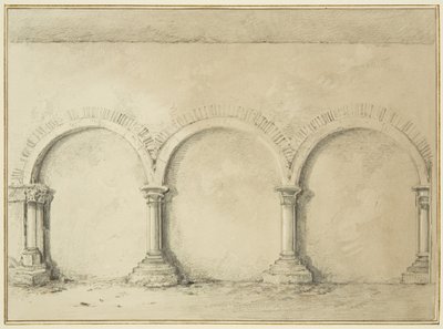 Arcos e colunas nas instalações da Mereweather entre a Rua Nicholas e a Rua Corn (lápis e aguarela sobre papel) de Thomas Leeson the Elder Rowbotham