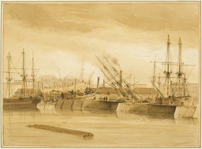 Doca de Wapping Oriental, mostrando o barquinho "Avon" nas ações de Thomas Leeson the Elder Rowbotham