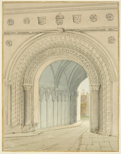 Vista norte do arco do College Gateway (lápis e aguarela sobre papel) de Thomas Leeson the Elder Rowbotham