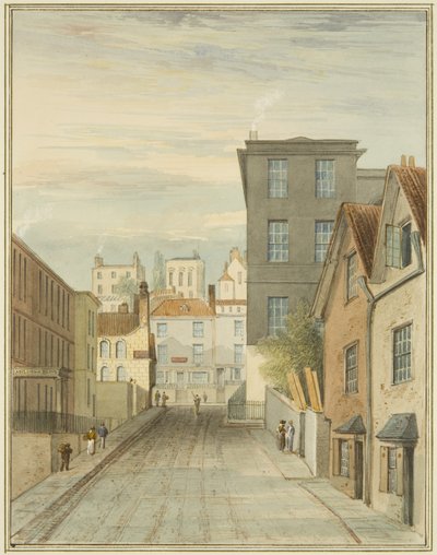 Parte de Magdalen (Lower Maudlin) Lane mostrando a Enfermaria (lápis e aquarela sobre papel) de Thomas Leeson the Elder Rowbotham