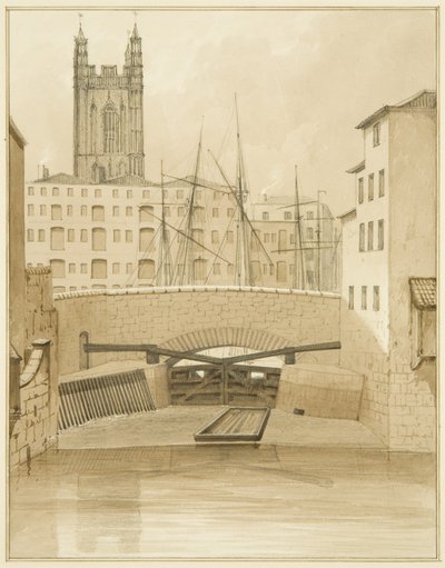 Ponte de Pedra mostrando as comportas de inundação (lápis e aquarela sobre papel) de Thomas Leeson the Elder Rowbotham