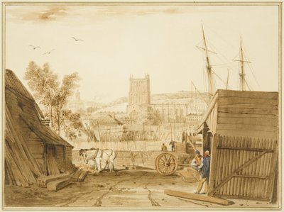 Vista do pátio de madeira da Acraman, Wapping, com vista para a Catedral de Thomas Leeson the Elder Rowbotham