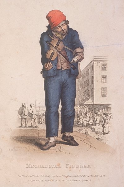 Violinista com braço protético, com mercado ao fundo, 1820 de Thomas Lord Busby