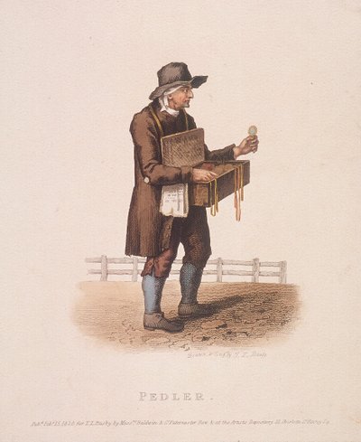 Pedlar com sua caixa de mercadorias pendurada no pescoço, 1820 de Thomas Lord Busby