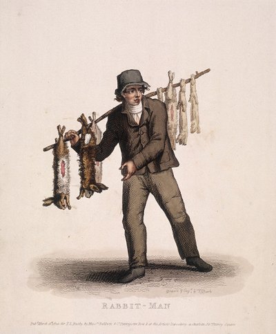 Vendedor de coelhos carregando um poste pendurado com coelhos, 1820 de Thomas Lord Busby