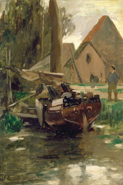 Pequeno porto com um barco (óleo sobre papel colocado a bordo) de Thomas Ludwig Herbst