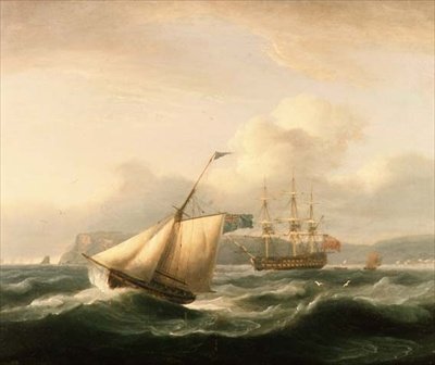 Um ancorado de dois andares no porto de Torbay, com um cortador em primeiro plano de Thomas Luny