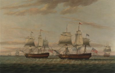 Um Indiaman e um Dois Decker Hove para, dito ser Thomas Dumar, Esq. em H.M. Ship 