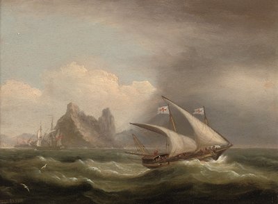 Um Xebec armado no Mediterrâneo, uma fragata britânica de sua popa e passando por uma costa rochosa de 1822 de Thomas Luny