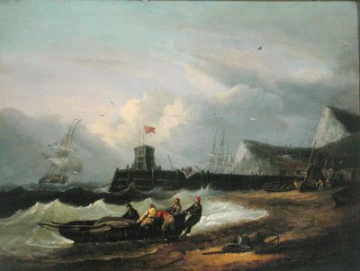 Atracar um barco em terra ao largo do porto de Dover de Thomas Luny