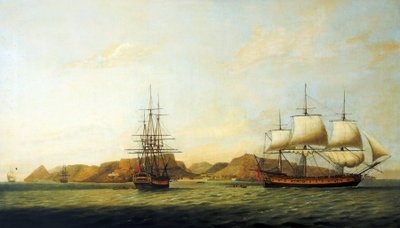 O navio "Northumberland", da Companhia das Índias Orientais, construído em 1780, ao largo da ilha de Santa Helena, efectuando viagens entre Inglaterra e Bengala (Índia) de Thomas Luny