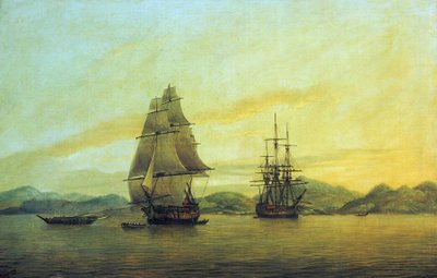 O navio comercial "Hindustan" da Companhia das Índias Orientais e outros barcos, incluindo juncos, ancorados ao largo da costa chinesa de Thomas Luny