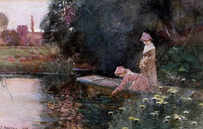 Apanhar nenúfares. Duas jovens num barco num lago a apanhar nenúfares. Pintura de Thomas Mackay (1851-1920) Coleção particular de Thomas Mackay