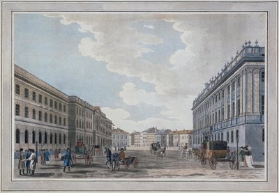 Vista de uma rua Millionnaya e do palácio de mármore através do campo de Marte, 1790 de Thomas Malton the Elder