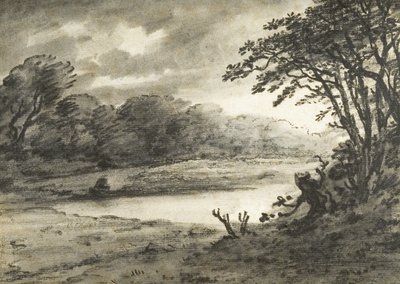 Cena de um lago (carvão e aguada sobre papel) de Thomas Monro
