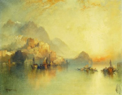 Uma vila na encosta ao pôr do sol, 1918 de Thomas Moran