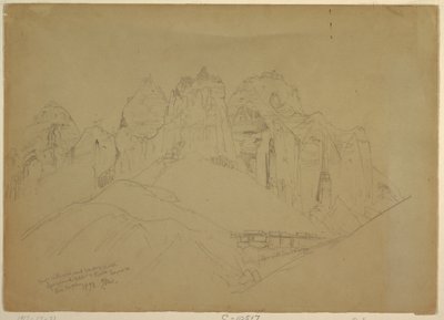 Desenho, Rio Virgin com grandes formações rochosas, 1873 de Thomas Moran