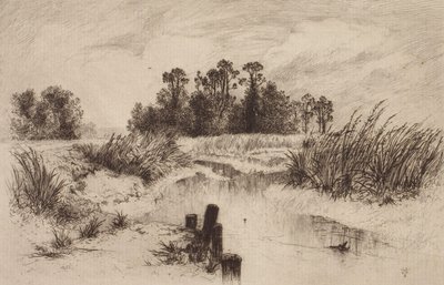 Paisagem pantanosa com ribeiro de Thomas Moran