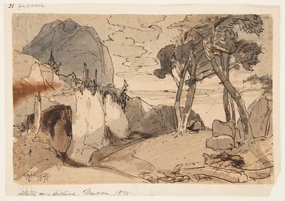 Estrada em uma paisagem de montanha de Thomas Moran