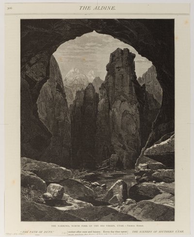 O desfiladeiro, braço norte do Rio Virgen, Utah de Thomas Moran