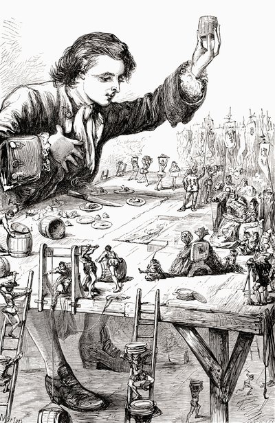 Sua Majestade Imperial desejava que ele e seu consorte real pudessem ter a felicidade de jantar comigo, ilustração de "As Viagens de Gulliver", publicada em 1875. de Thomas Morten