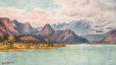 Rio Pitt e montanhas Golden Ear (litografia a cores) de Thomas Mower Martin