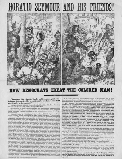 Horatio Seymour e seus amigos! : Como os democratas tratam o homem de cor! : Lembre-se disto: que a doutrina sangrenta, traiçoeira e revolucionária da necessidade pública pode ser proclamada por uma turba como de Thomas Nast