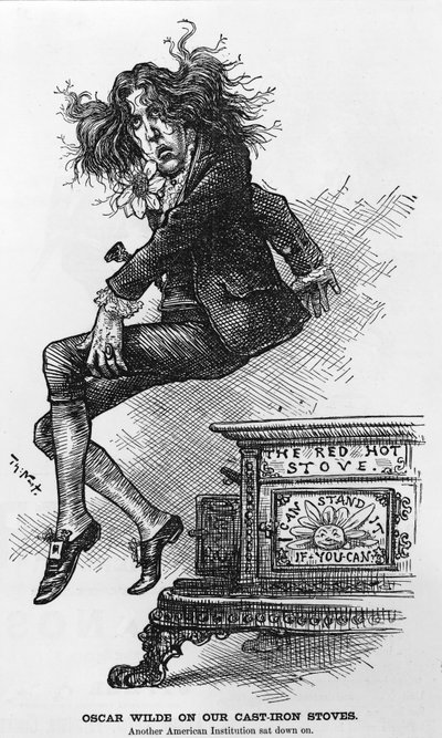 Oscar Wilde em nossos fogões de ferro fundido. Outra instituição americana sentou-se, illlustration de Harpers Weekly, pub. 1882 de Thomas Nast