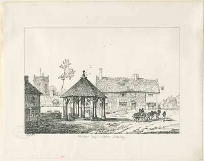 Abades Bromley - Tudor Market Cross and House: desenho a bico de pena de Thomas Peploe Wood