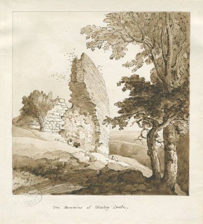 Audley - Castelo de Heeley: desenho em sépia de Thomas Peploe Wood