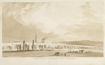 Ponte e cidade de Burton-upon-Trent: desenho em sépia, 1837 de Thomas Peploe Wood