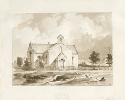 Igreja Gentleshaw: desenho sépia de Thomas Peploe Wood