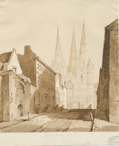 Catedral de Lichfield: desenho vermelho-sépia de Thomas Peploe Wood