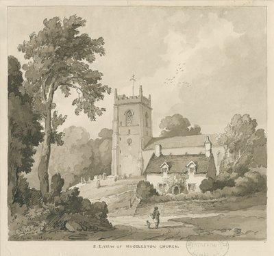 Igreja Mucklestone: desenho lavado em sépia de Thomas Peploe Wood