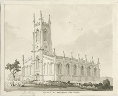 Newcastle-under-Lyme - &39;St. George&39;s &39;(Igreja Nova): desenho em sépia de Thomas Peploe Wood
