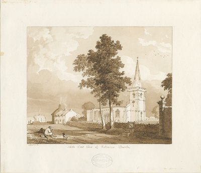 Igreja de Rolleston: desenho sépia vermelho, 1836 de Thomas Peploe Wood