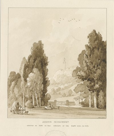 Sandon - Monumento a William Pitt: desenho em sépia, 1838 de Thomas Peploe Wood