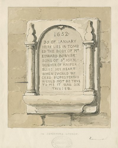 Igreja de Seighford - Tablete de pedra para Edward Bowyer: desenho em sépia, nd [ 1838] (desenho) de Thomas Peploe Wood