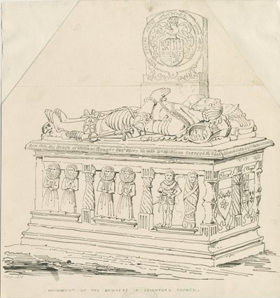 Igreja de Seighford - Tumba de William e Mercy Bowyer: desenho a caneta e tinta de Thomas Peploe Wood