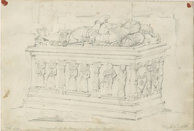 Igreja de Seighford - Tumba de William e Mercy Bowyer: desenho a lápis de Thomas Peploe Wood